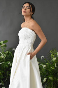 BRIDAL SILK MIKADO GOWN WITH EMBROIDERY DETAILS