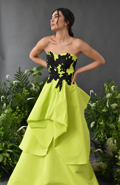 NEON GREEN BALLGOWN WITH BLACK EMBROIDERY DETAILS