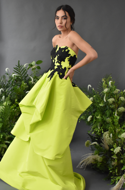NEON GREEN BALLGOWN WITH BLACK EMBROIDERY DETAILS