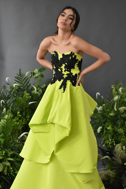 NEON GREEN BALLGOWN WITH BLACK EMBROIDERY DETAILS