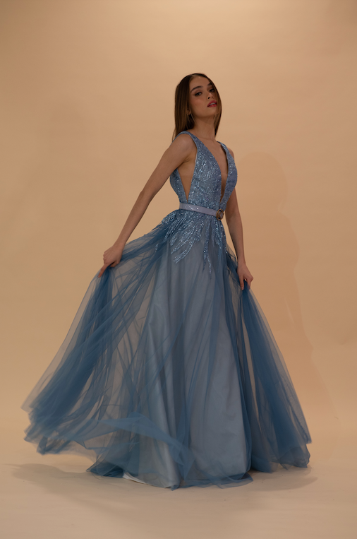 Deep V Neck Tulle Gown