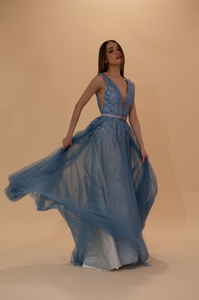 Deep V Neck Tulle Gown