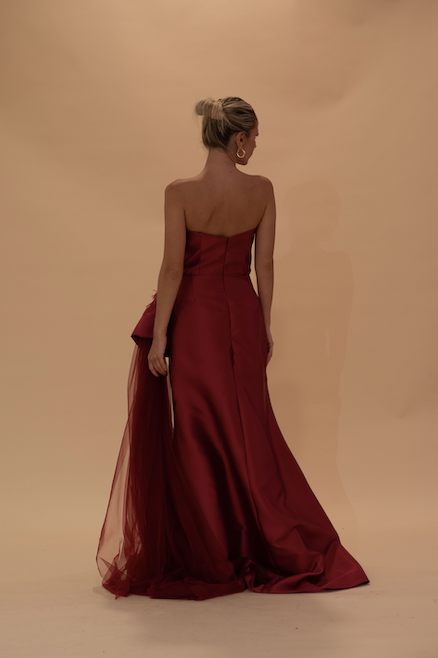Wine Gown with Tulle Train and Feather details
