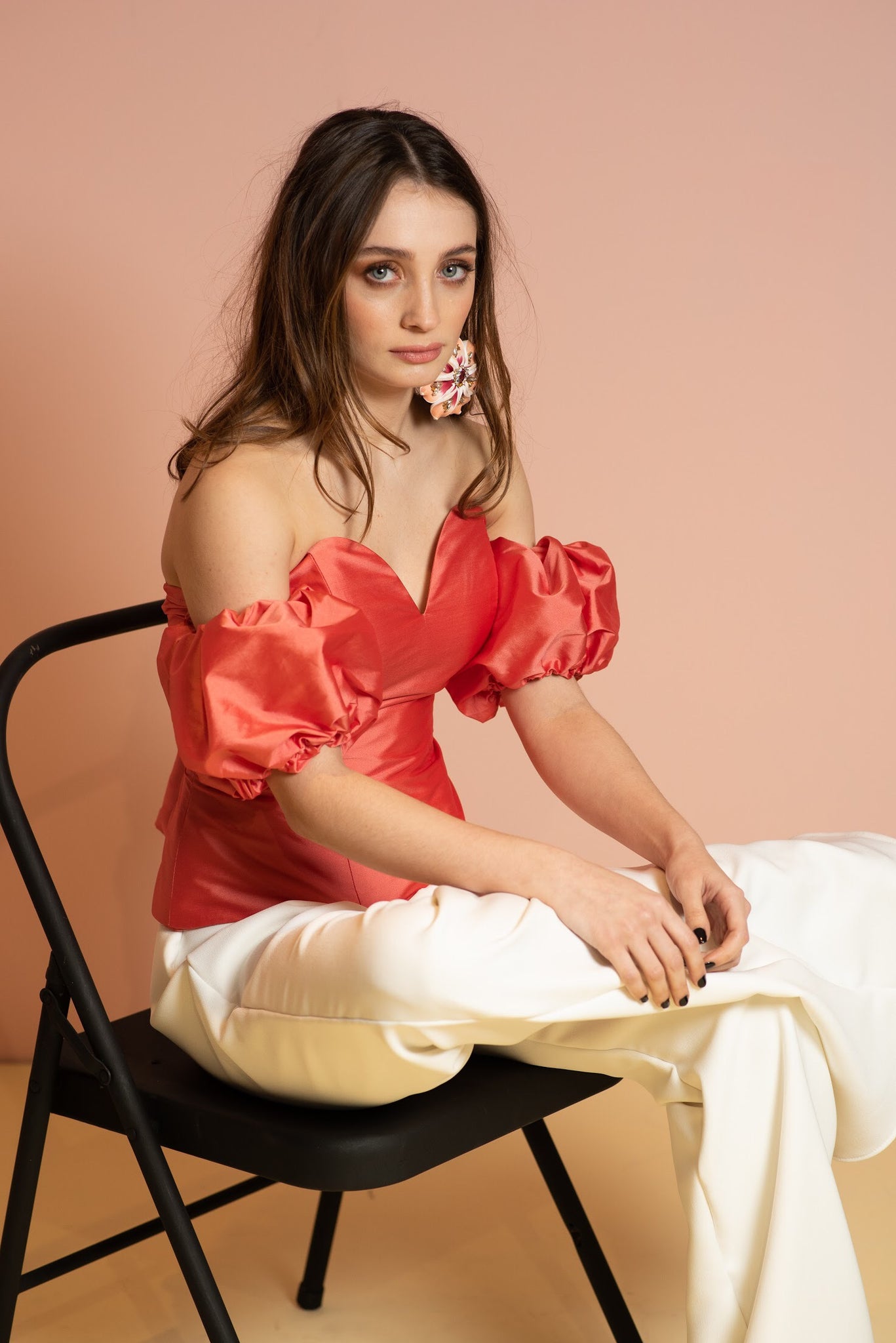 Off shoulder coral top