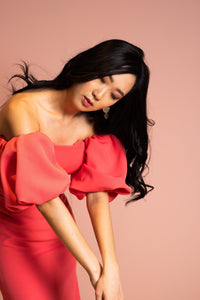 Off shoulder coral dress
