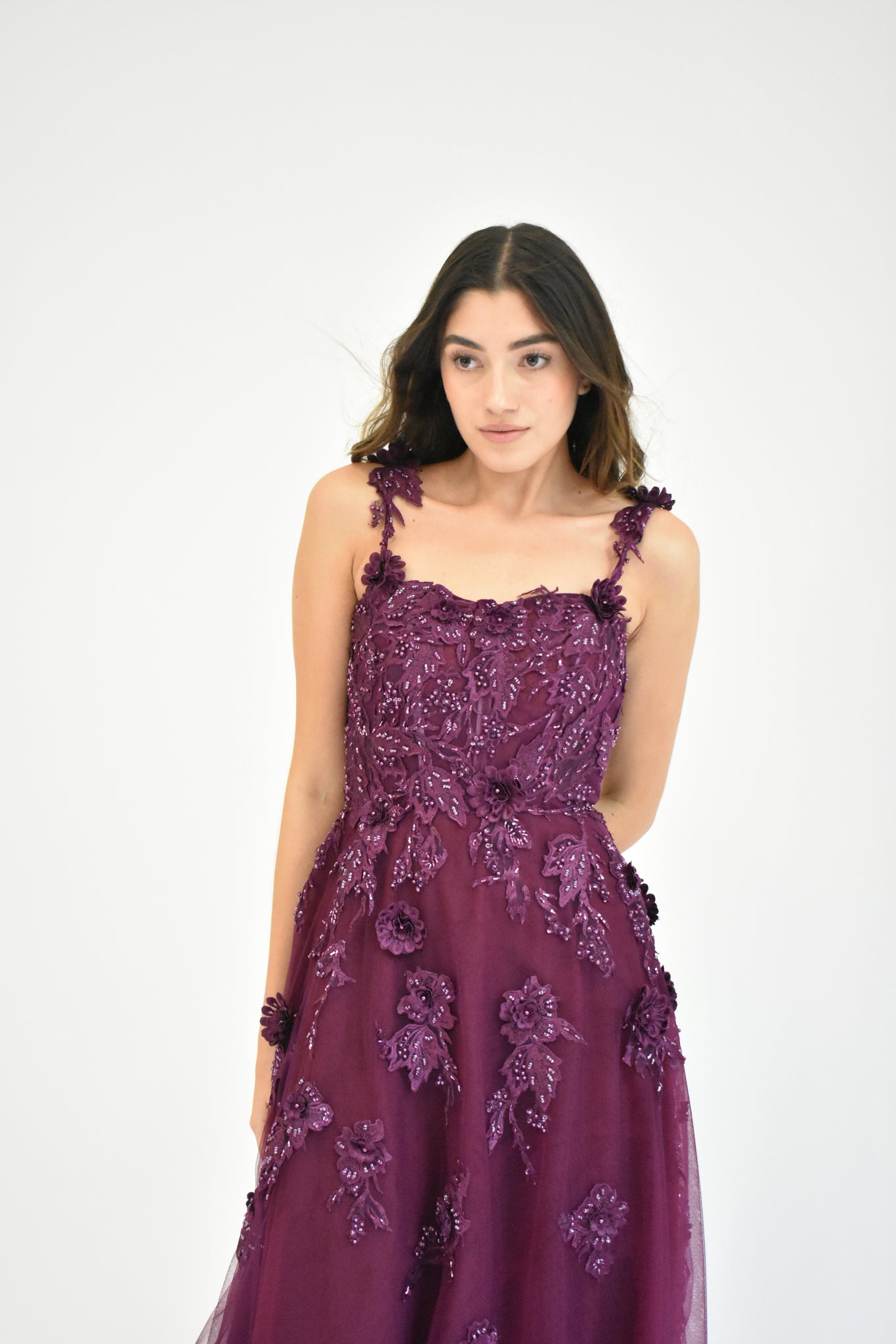 DARK PURPLE TULLE BALLGOWN WITH EMBROIDERY 3D DETAILS