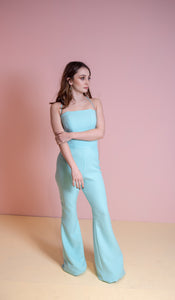 Backless baby blue jumpsuit.
