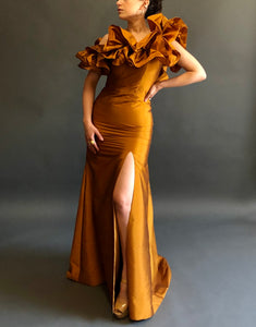 MUSTARD GOLD RUFFLE GOWN