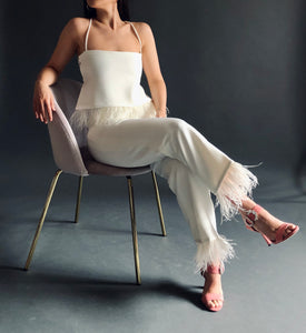 CAPRI PANTS WITH FEATHERS IN WHITE