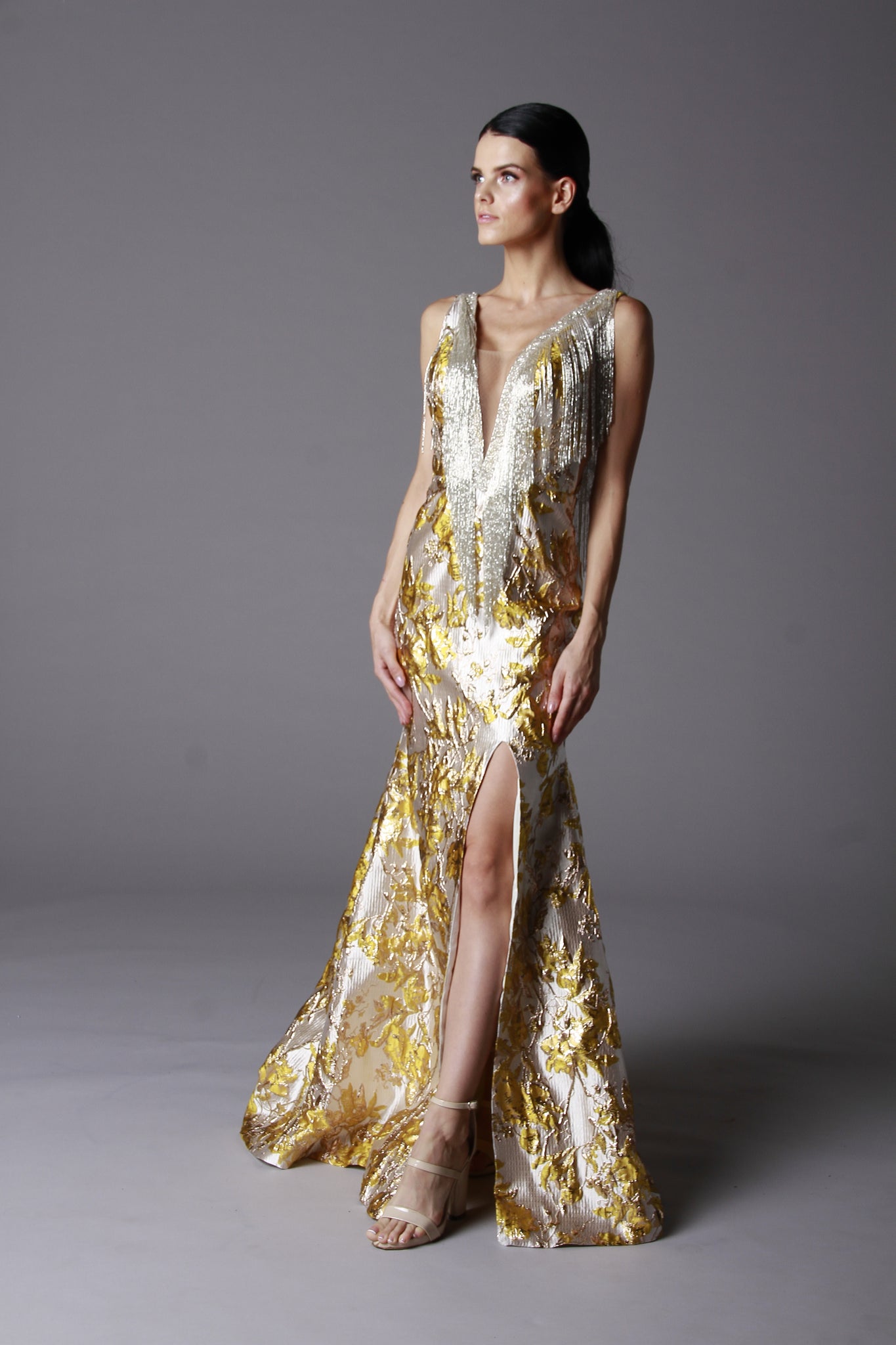 GOLD BROCADE WITH SILVER FRINGE GOWN