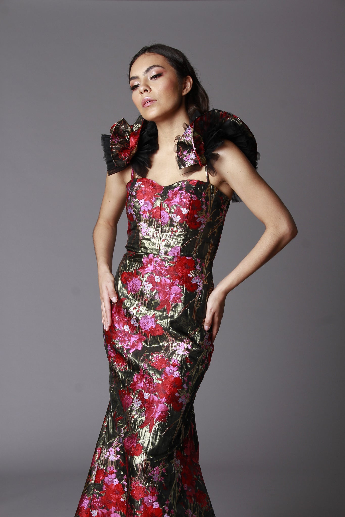 FANCY SLEEVE BROCADE GOWN