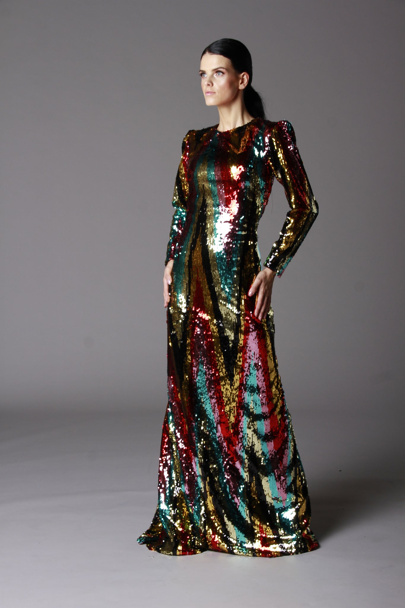 LONG SLEEVE MULTICOLOR SEQUIN GOWN