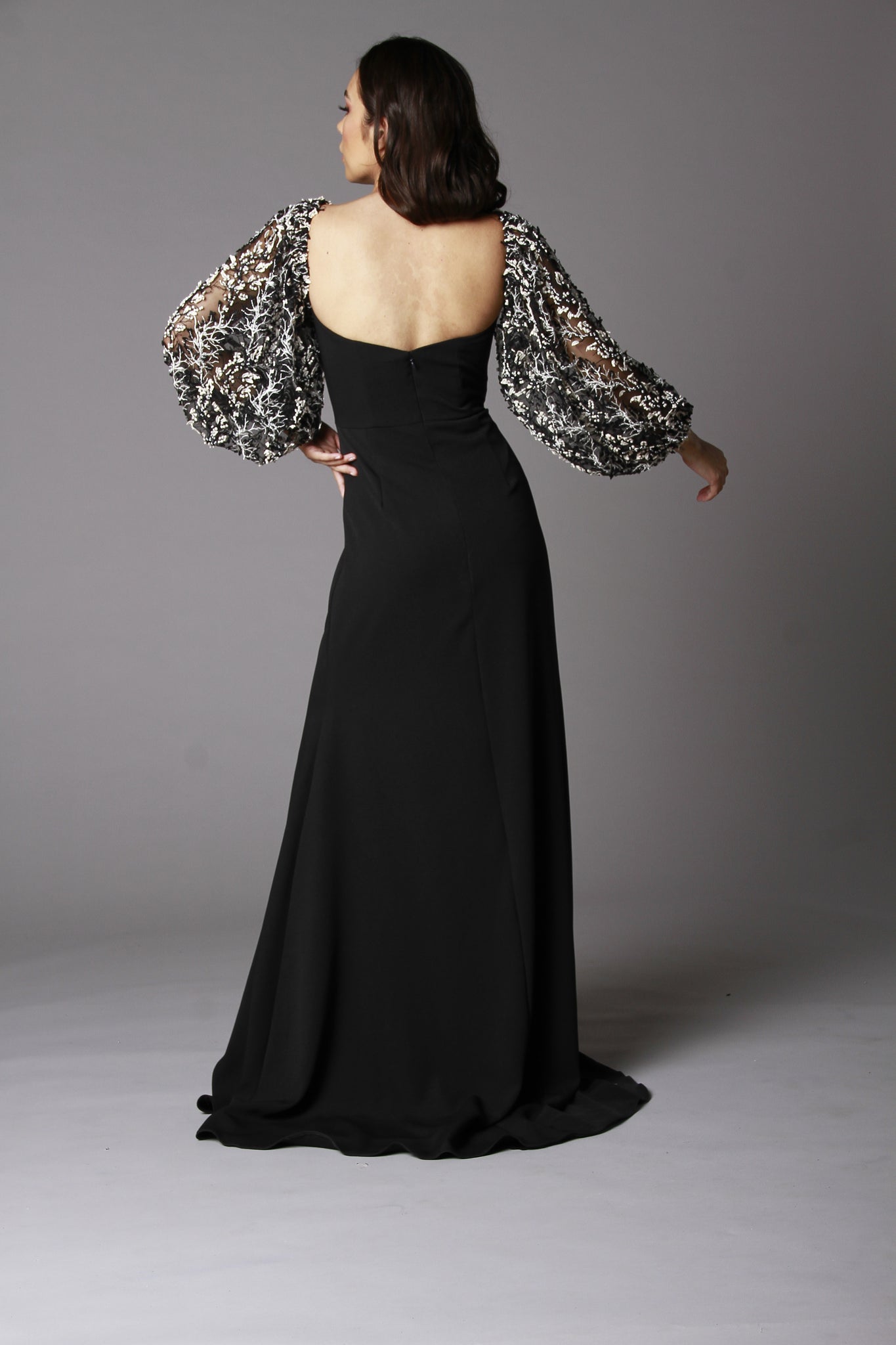BLACK AND WHITE LONG SLEEVE GOWN