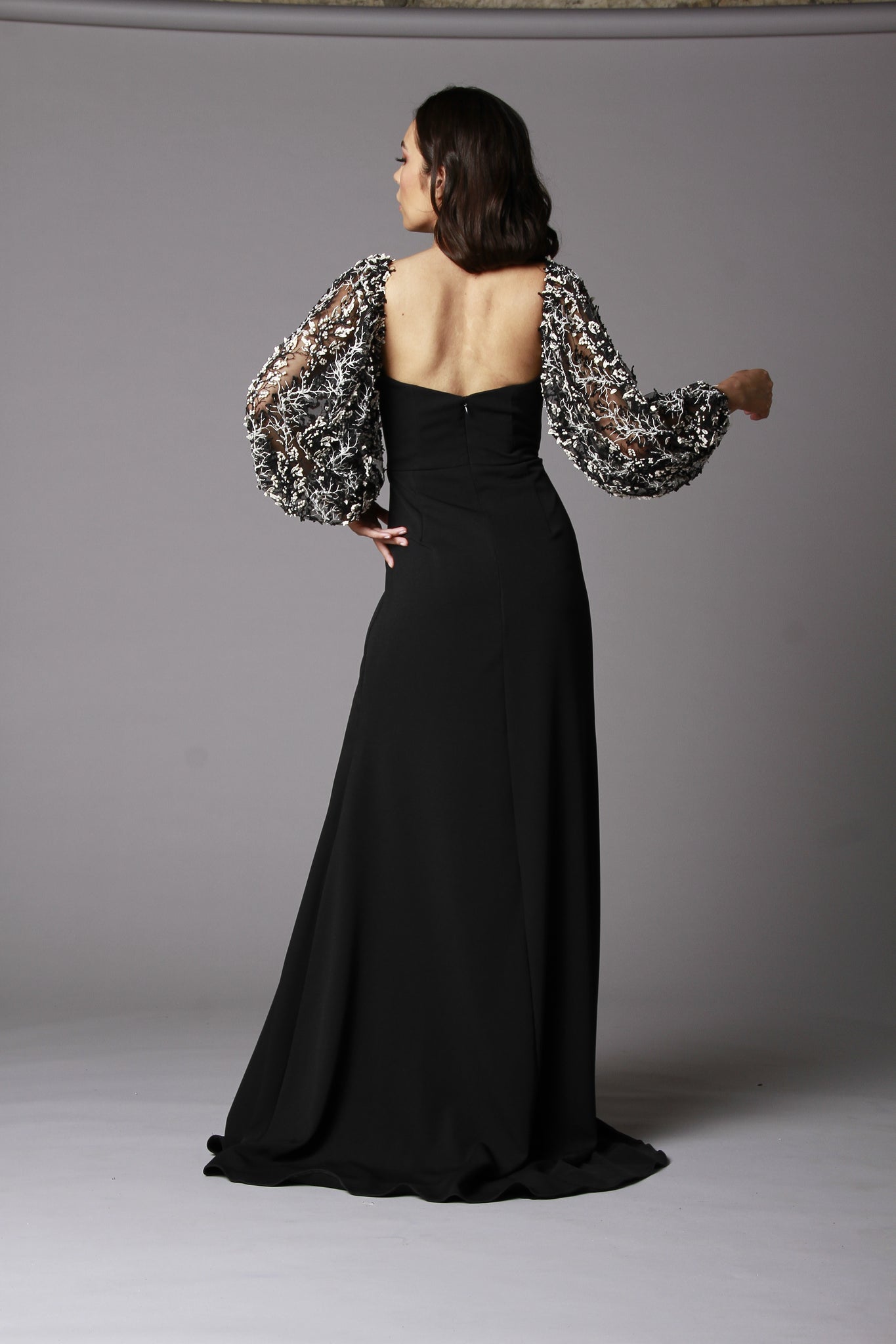 BLACK AND WHITE LONG SLEEVE GOWN