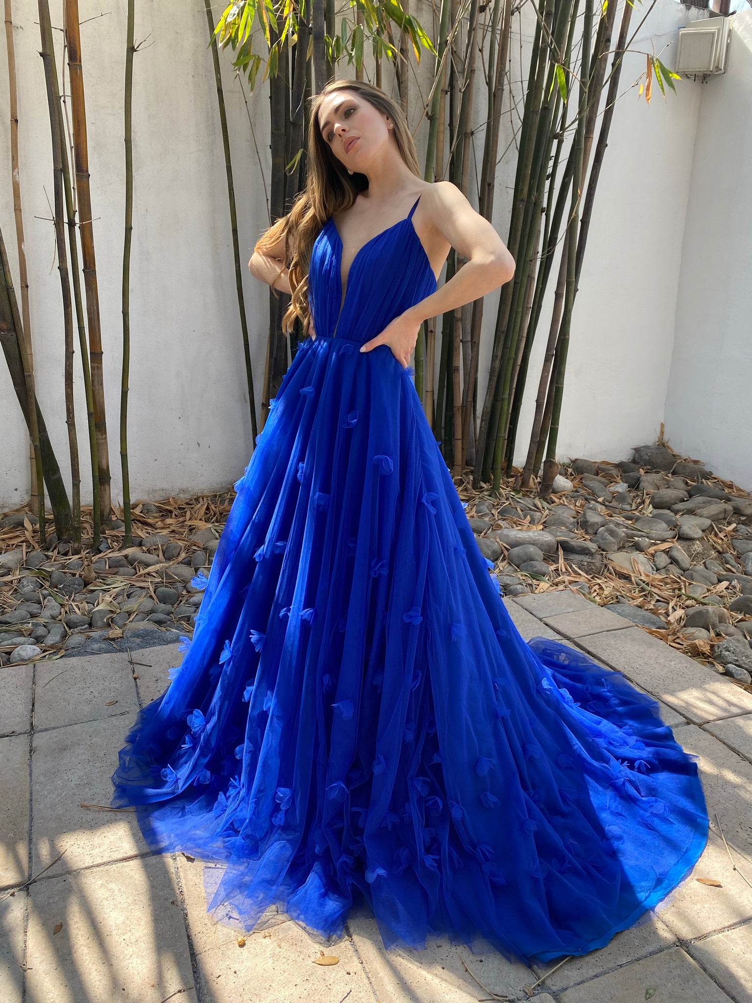 Blue floral tulle gown