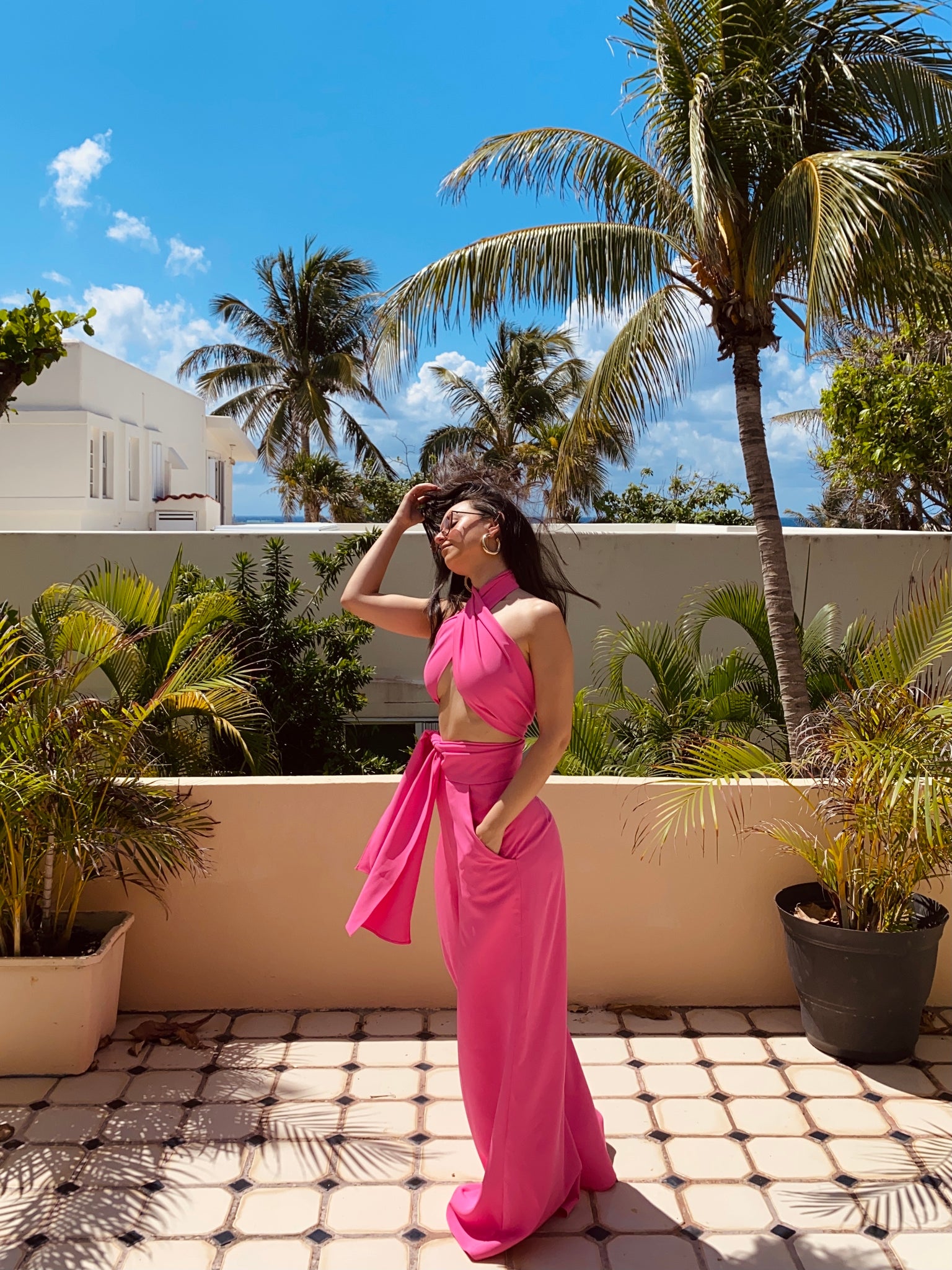 The wide leg pants in hot pink