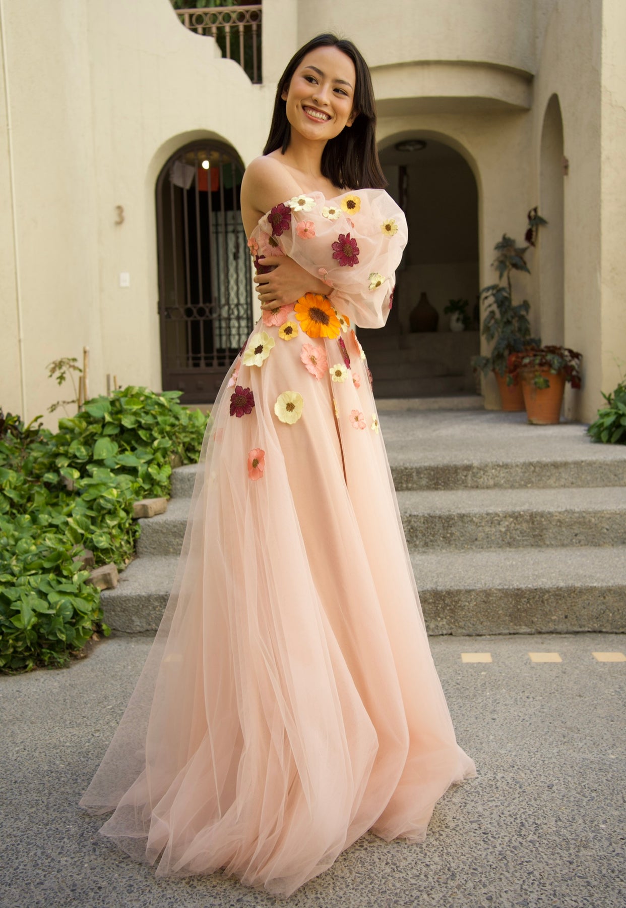 Florals Ballgown in Sweet Pink with Puffy Sleeves
