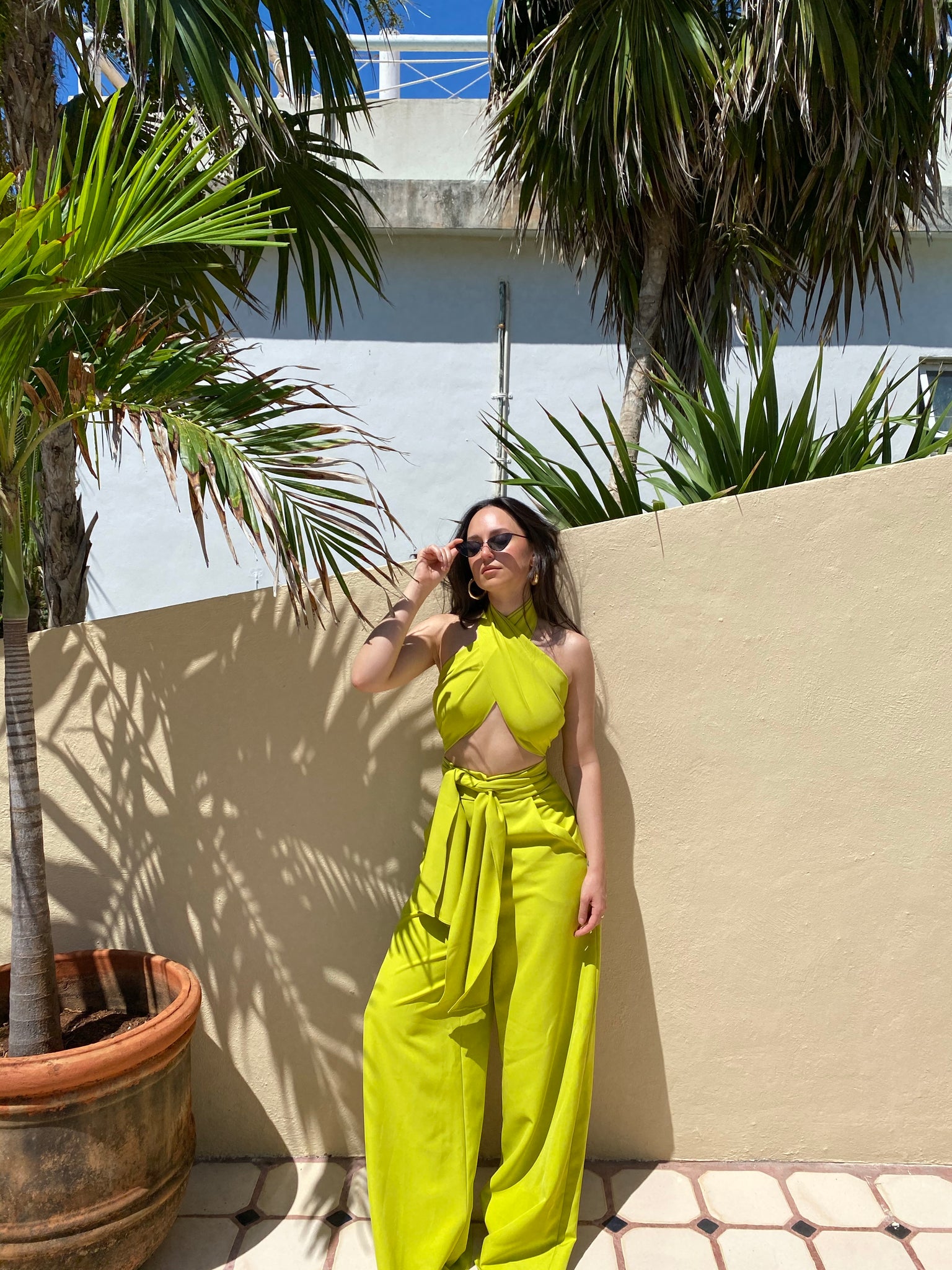 The wide leg pants in Neon green