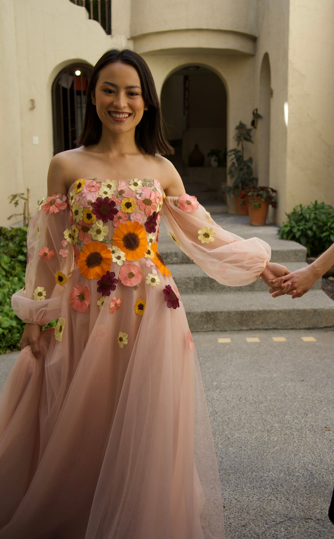 Florals Ballgown in Sweet Pink with Puffy Sleeves