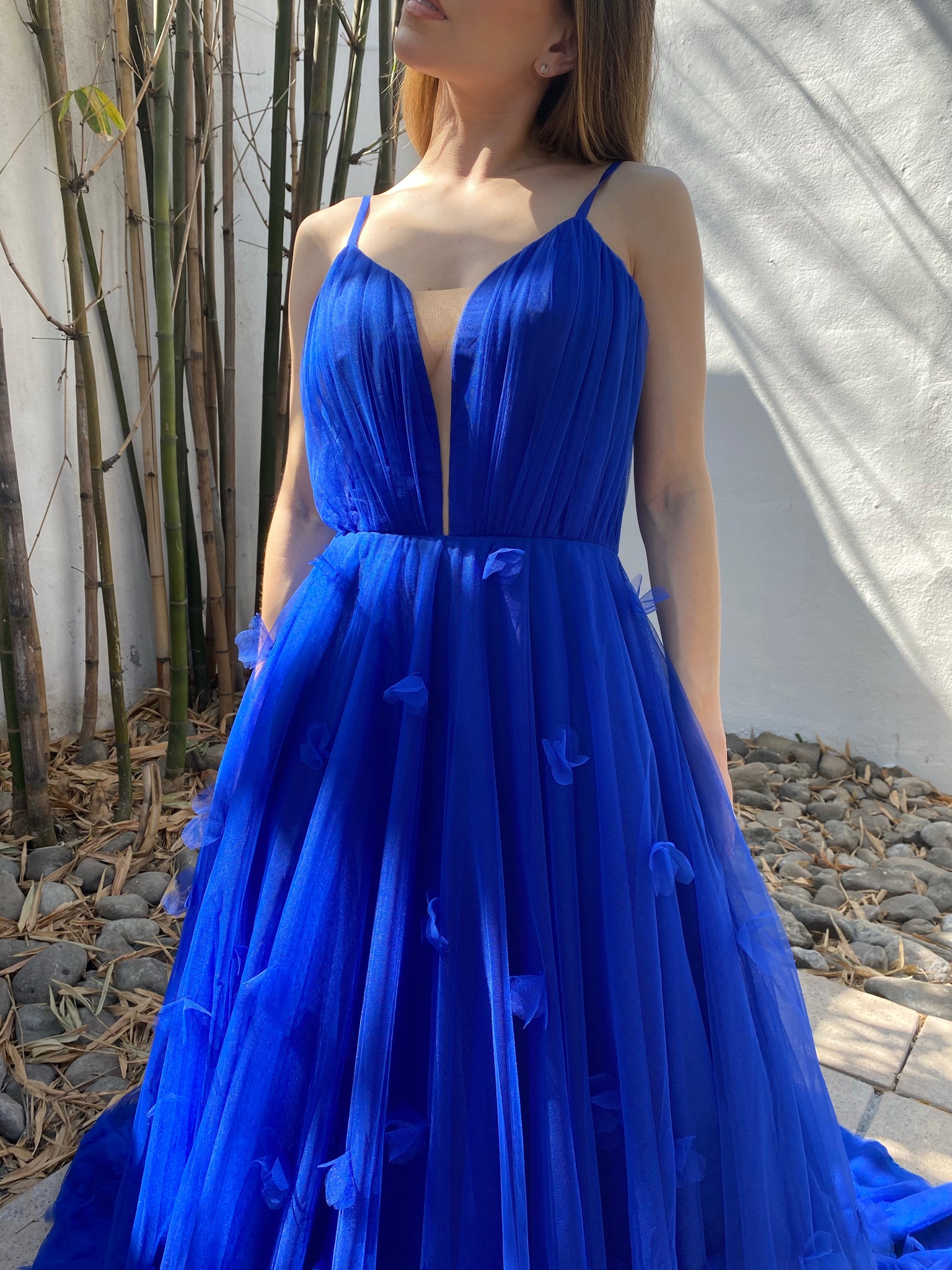 Blue floral tulle gown