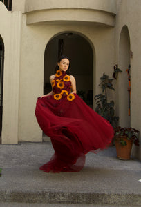 Wine and Orange Floral Tulle Ballgown