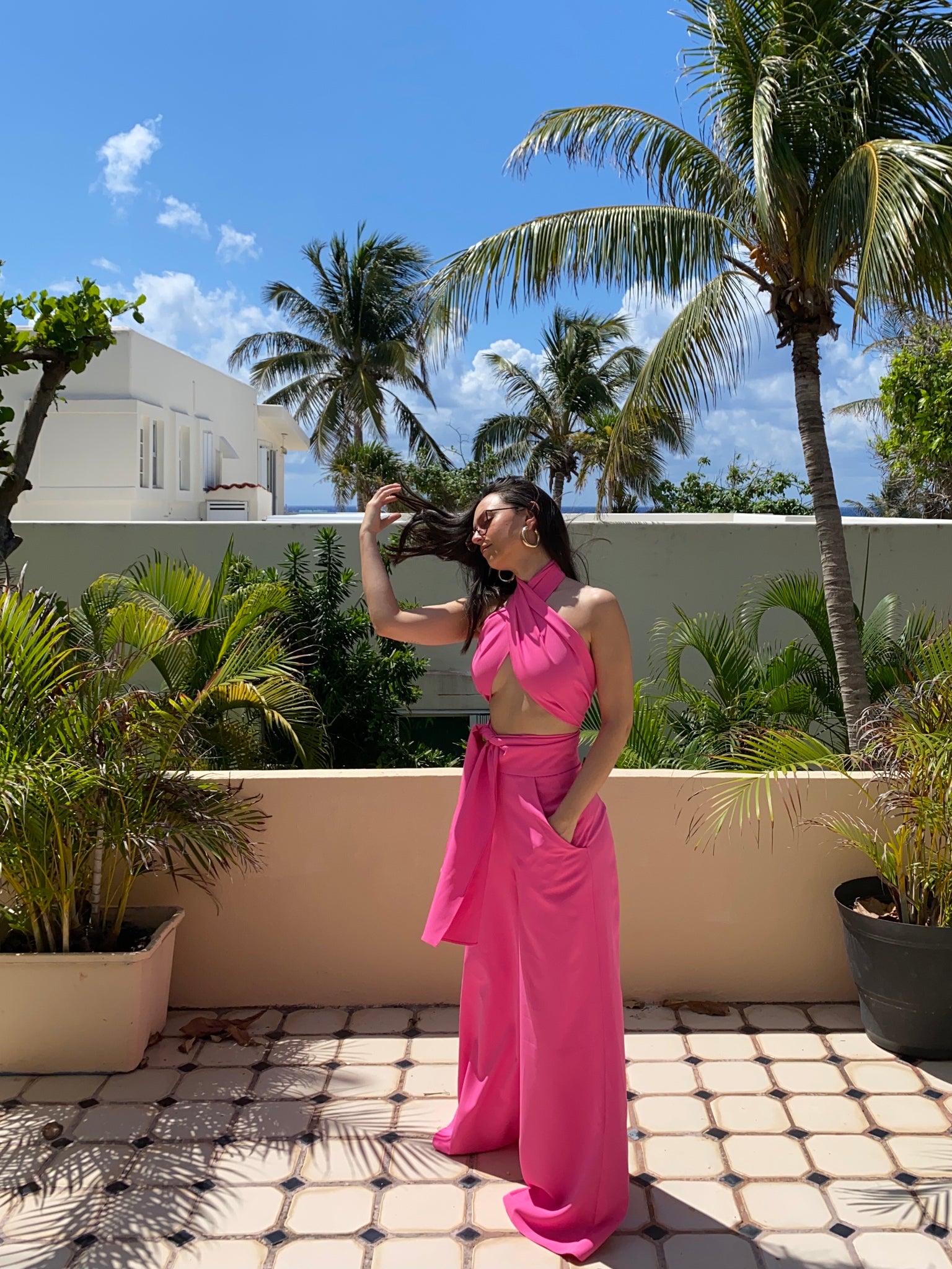 The wide leg pants in hot pink