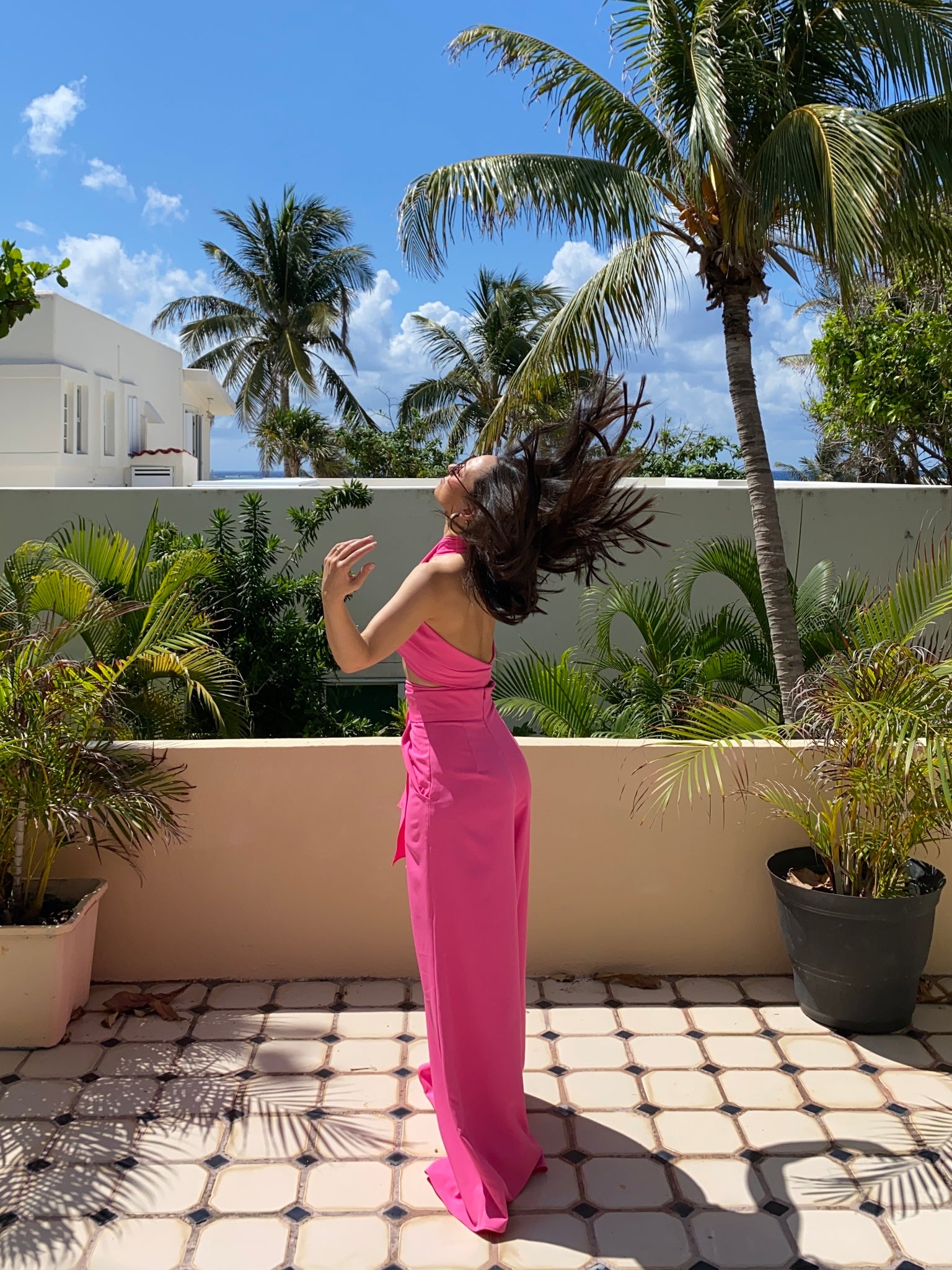 The wide leg pants in hot pink